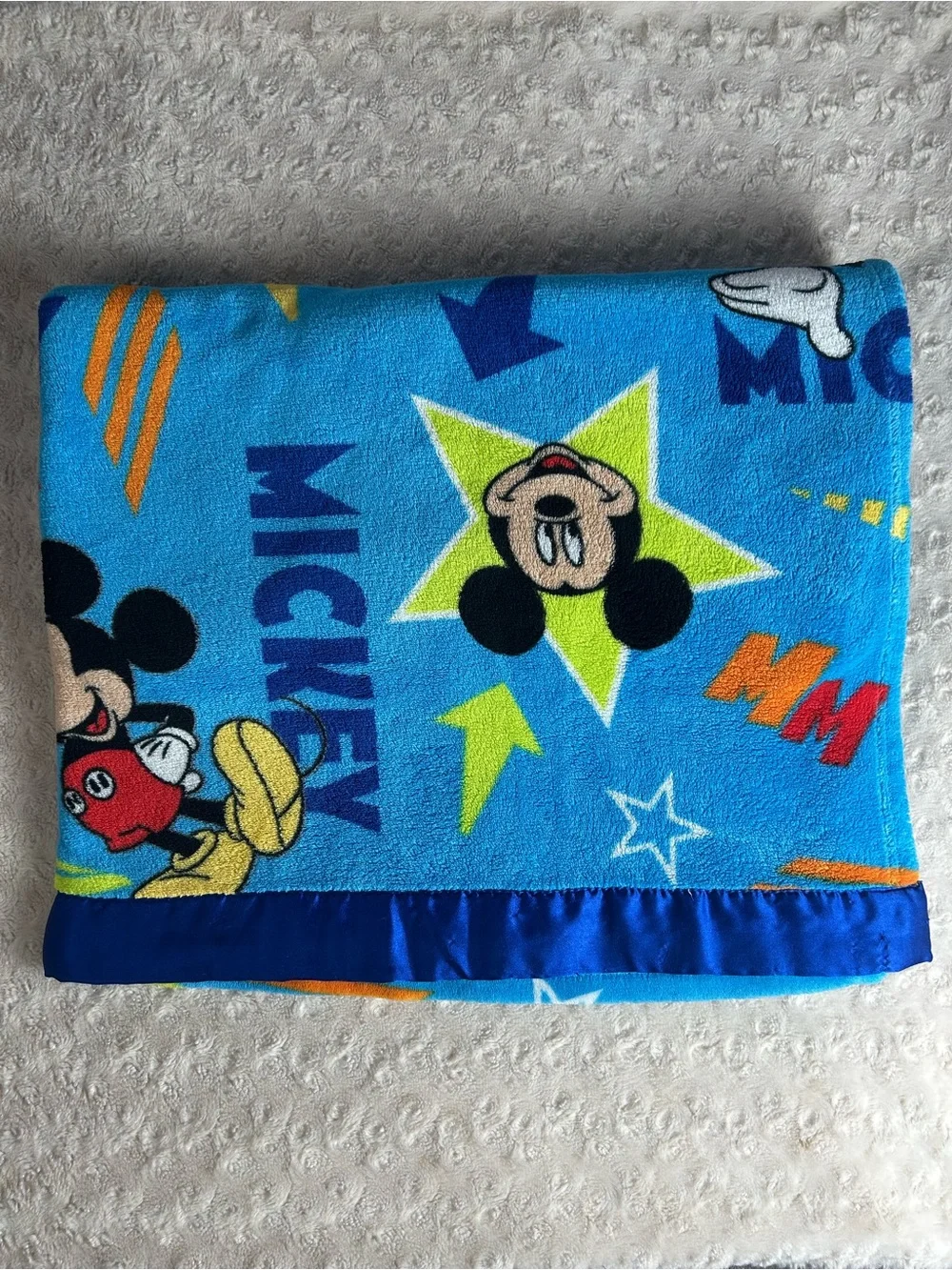 Disney Mickey Mouse Stars Blue Blanket Throw Silky Satin Edge Trim Arrows Orange